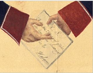 Detalle de un guardia a caballo de la Renta de Correos (izquierda) entrega a un cabo de a pie del Correo una carta del Real Servicio